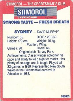 1990 AFL Scanlens Stimorol #78 David Murphy Back